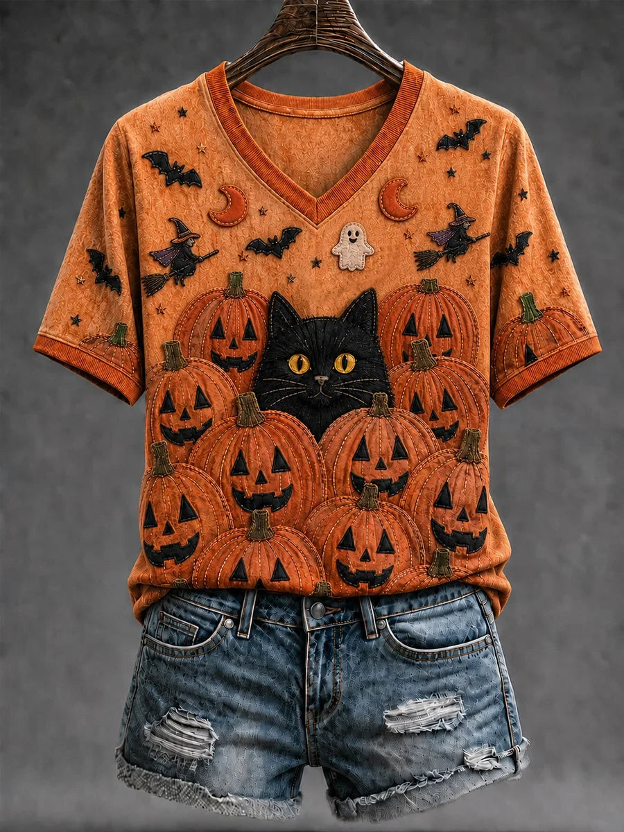 Fall Halloween Pumpkin Bat Black Cat V-Neck Shirt Halloween Clothes Presents Idea For Girlfriend
