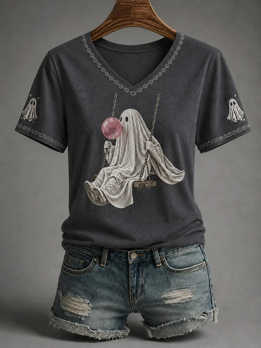 Fall Season Halloween Ghost V-Neck Shirt Halloween Merch Gift Idea For Ghost Lovers