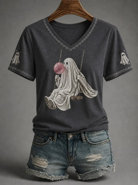 Fall Season Halloween Ghost V-Neck Shirt Halloween Merch Gift Idea For Ghost Lovers