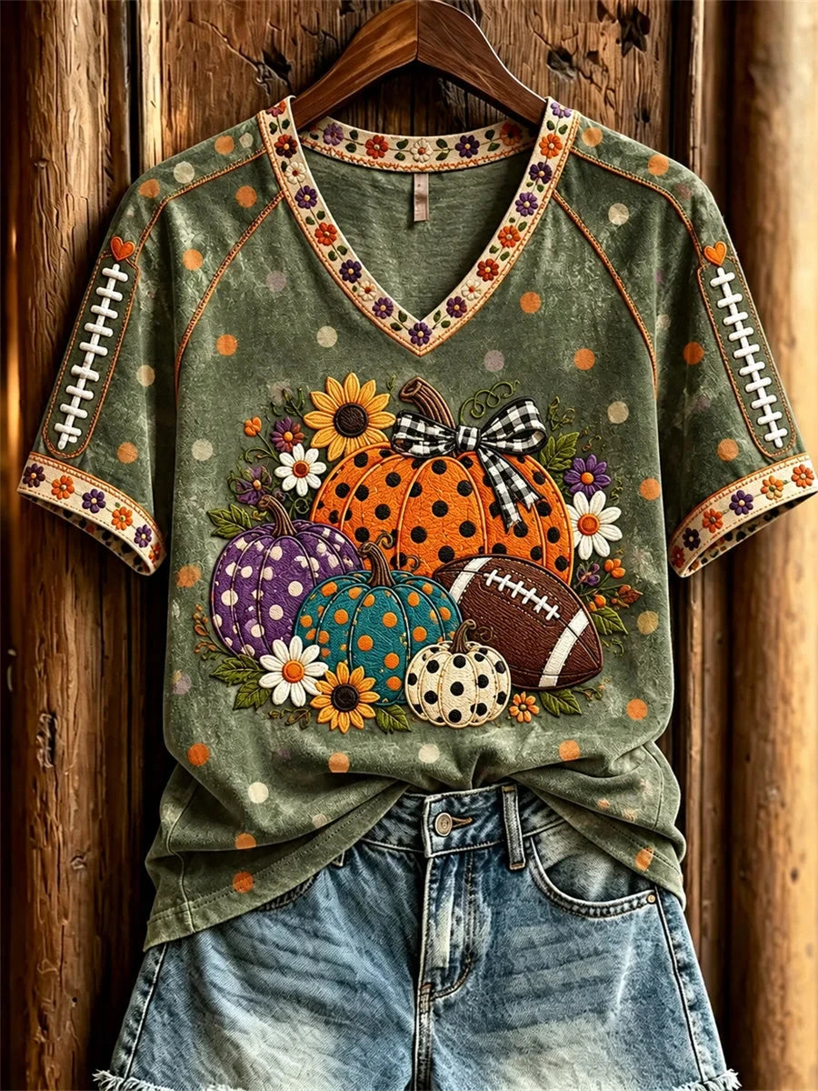 Football & Halloween Pumpkins Floral Polka Dots Art V-Neck Shirt Halloween Apparel Presents For Football Lovers