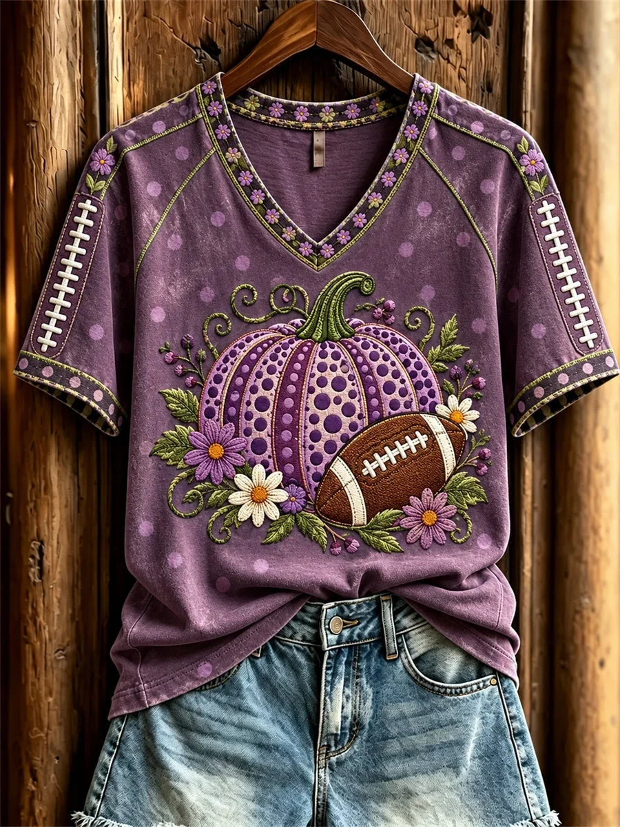 Football & Halloween Pumpkins Floral Polka Dots Art V-Neck Shirt Spooky Season Clothes