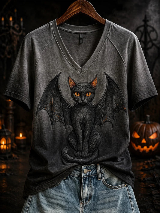 Halloween Bat Cat Pattern V-Neck Shirt Halloween Apparel Gift Idea For Cat Lovers