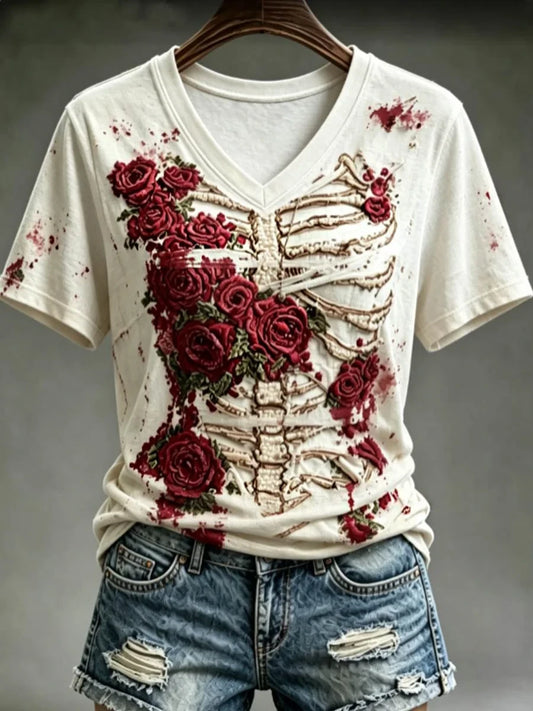 Halloween Bloody Human Skeleton With Floral Art V-Neck Shirt Halloween Clothes Gifts Idea For Mom