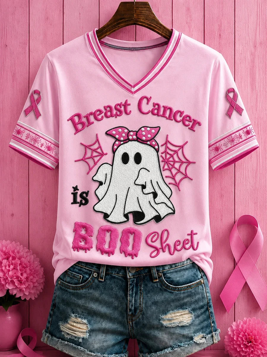 Halloween Breast Cancer Pink Flowers V-Neck Shirt Spooky Season Merch Gifts Idea For Ghost Lovers