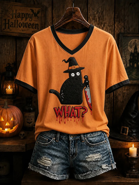 Halloween Cat Holding Knife V-Neck Shirt Halloween Merch Presents For Girlfriend