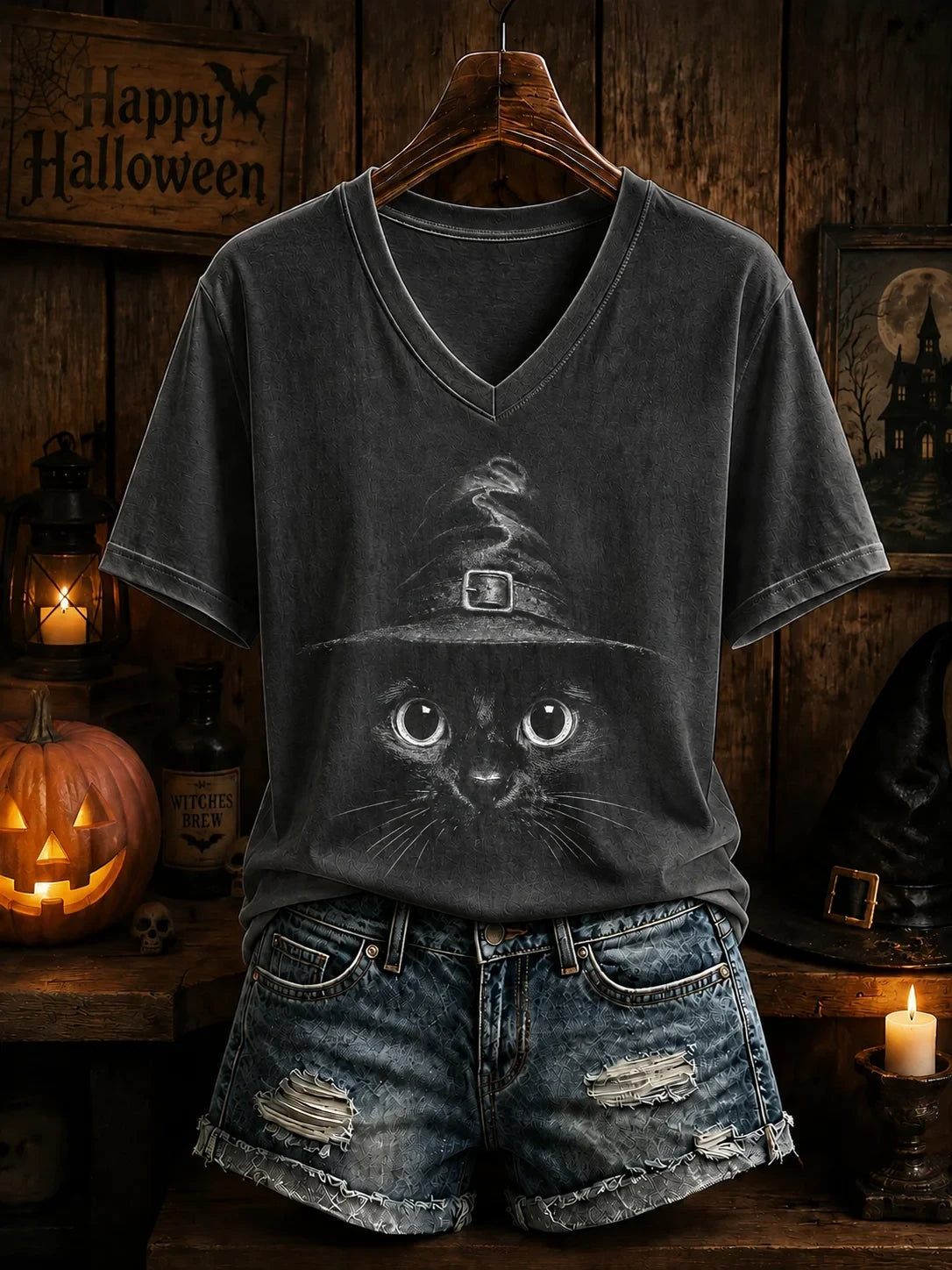 Halloween Cat Witch Hat V-Neck Shirt Spooky Season Clothes Great Gifts For Cat Lovers
