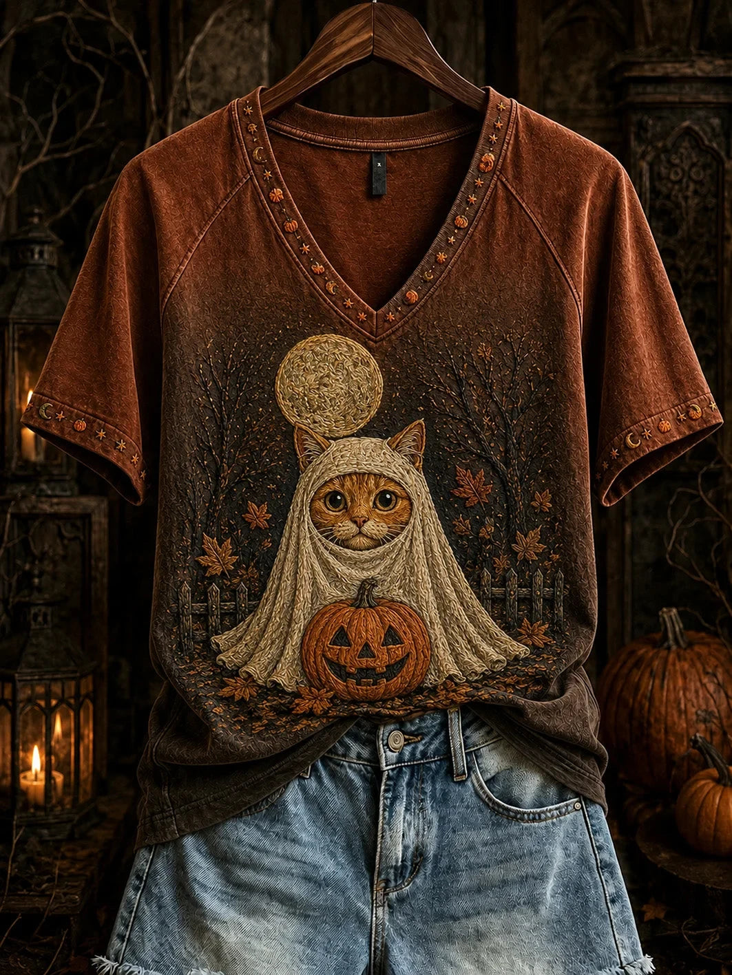 Halloween Cute Cat Pattern V-Neck Shirt Spooky Season Clothes Presents For Girlfriend