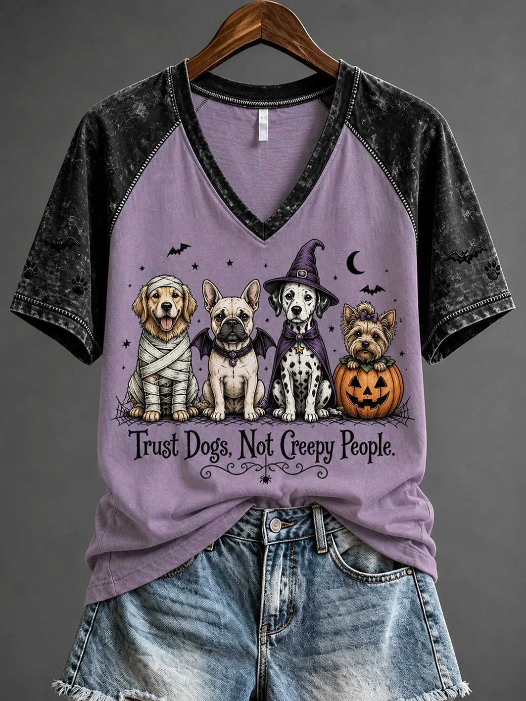 Halloween Cute Dog Pattern V-Neck Shirt Halloween Merch Presents Idea For Pet Lovers