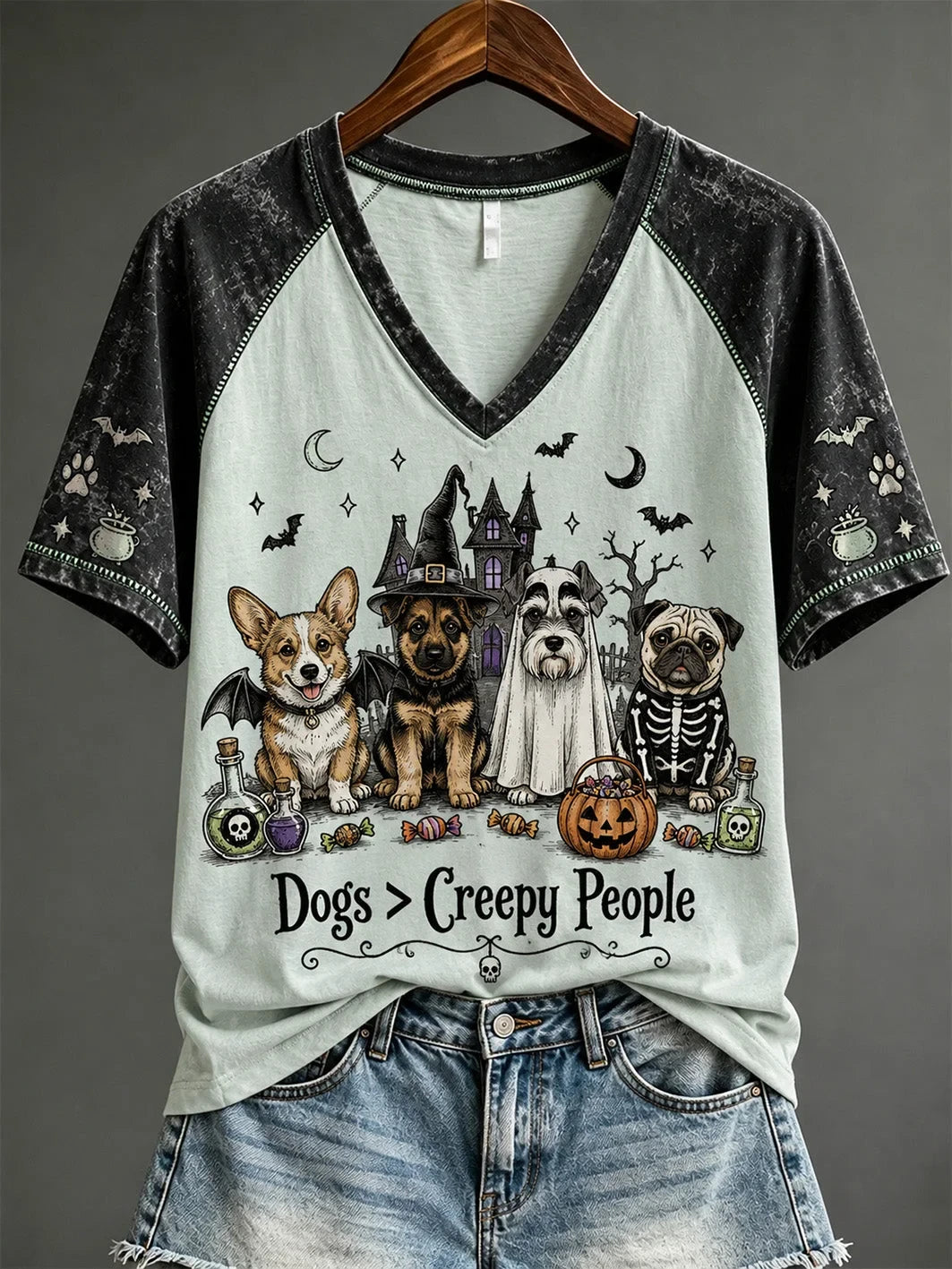 Halloween Cute Dog Pattern V-Neck Shirt Spooky Season Apparel Presents Idea For Dog Lovers