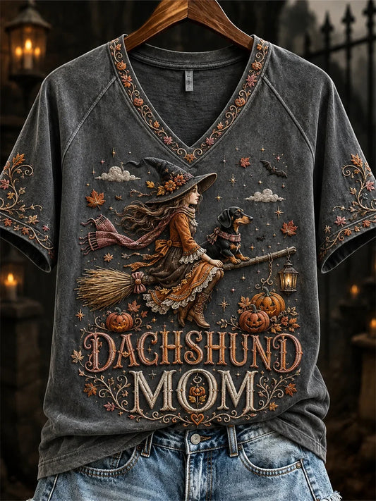 Halloween Fall Dachshund Mom Witch & Dog V-Neck Shirt Halloween Clothes Gifts Idea For Her