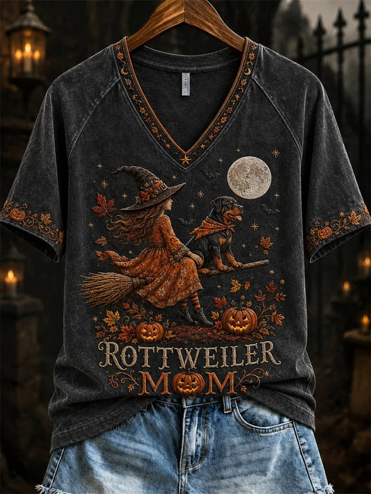 Halloween Fall Rottweiler Mom Witch & Dog Vintage V-Neck Shirt Halloween Clothes Gifts For Wife