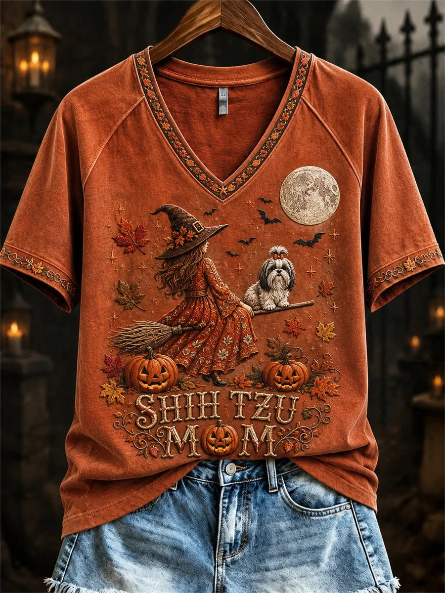 Halloween Fall Shih Tzu Mom Witch & Dog V-Neck Shirt Spooky Season Merch Cool Gifts For Wife