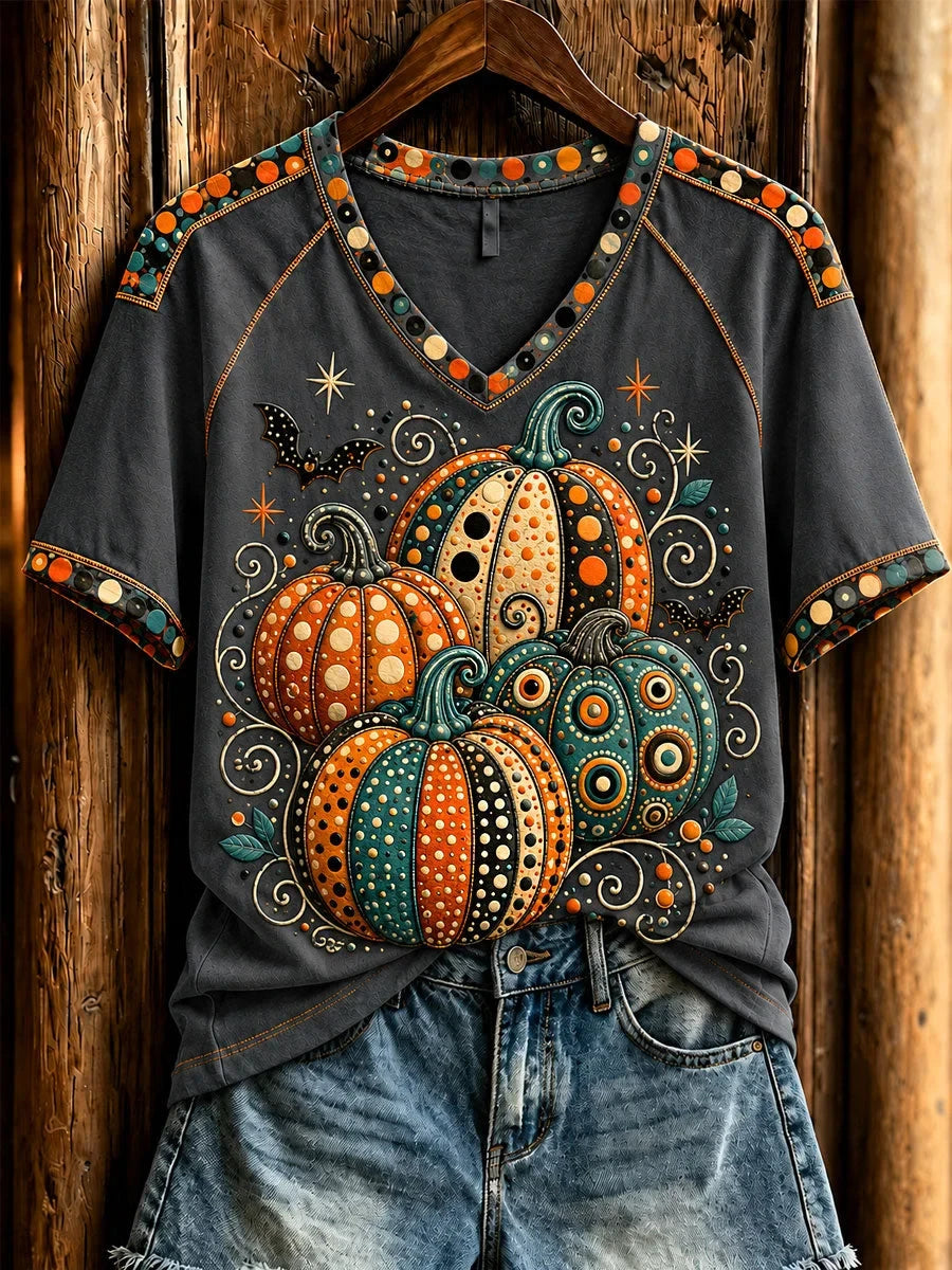 Halloween Pumpkin Art Design V-Neck Shirt Spooky Season Clothes Great Gifts For Sister