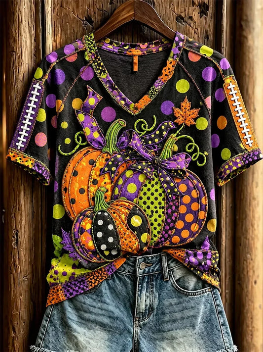 Halloween Pumpkin Graphic Design V-Neck Shirt Halloween Clothing Presents Idea For Sister