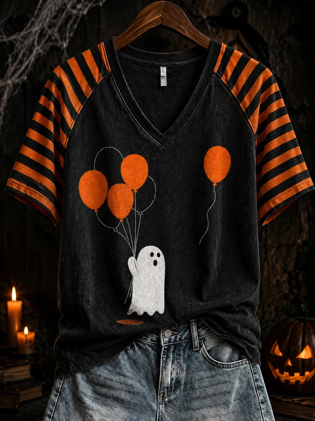 Halloween Themed Pattern Design V-Neck Shirt Spooky Season Clothing Presents For Ghost Lovers