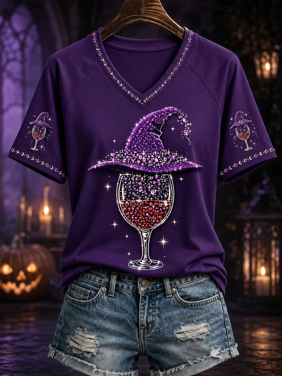 Halloween Wine Glass V-Neck Shirt Halloween Apparel Presents Idea For Besties