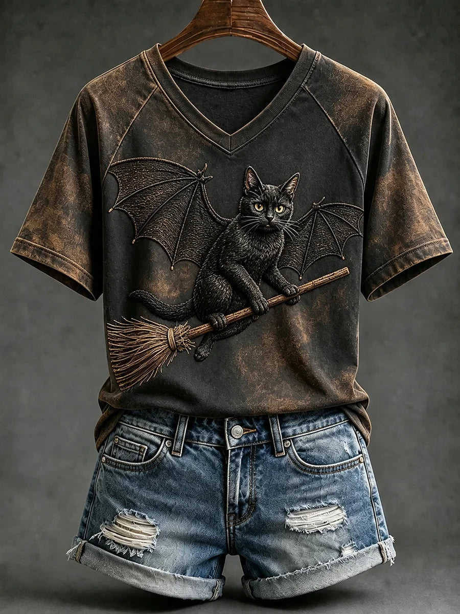 Halloween Witch Cat With Bat Wings Vintage V-Neck Shirt Great Gifts For Spooky Season