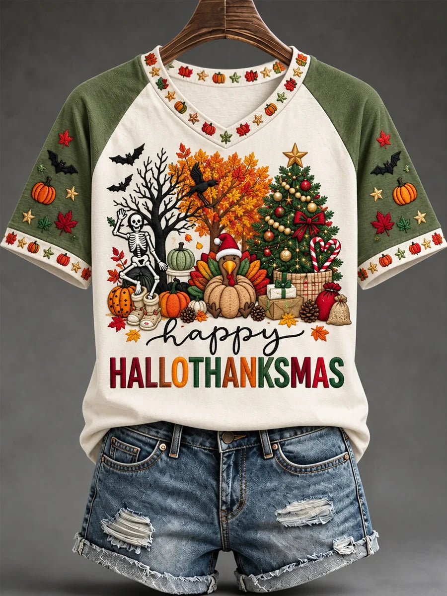 Happy Hallothanksmas V-Neck Shirt Holiday Clothing Halloween Gifts Ideas