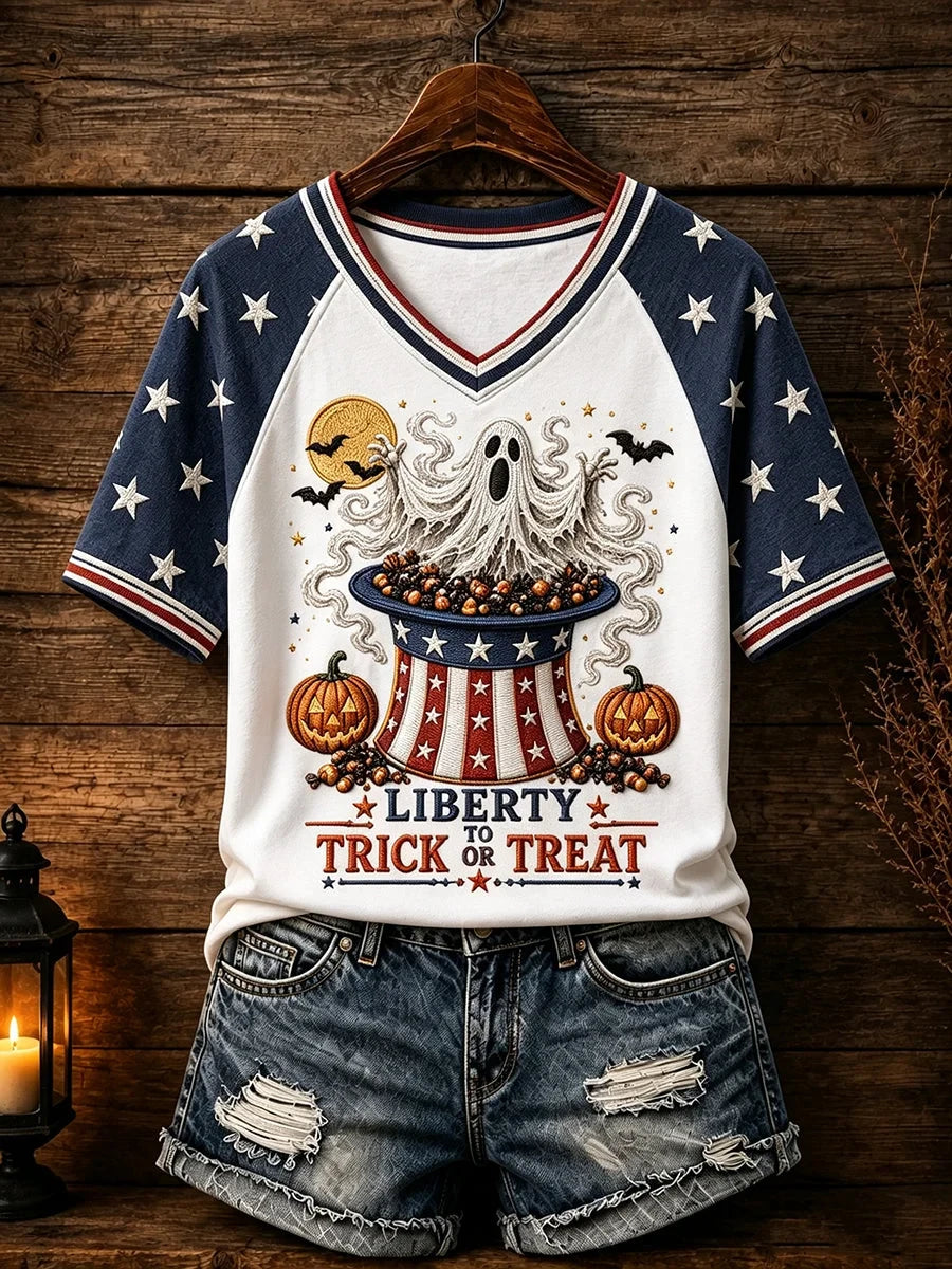 Patriotic Design Halloween V-Neck Shirt Spooky Season Merch Presents Ideas For Mother
