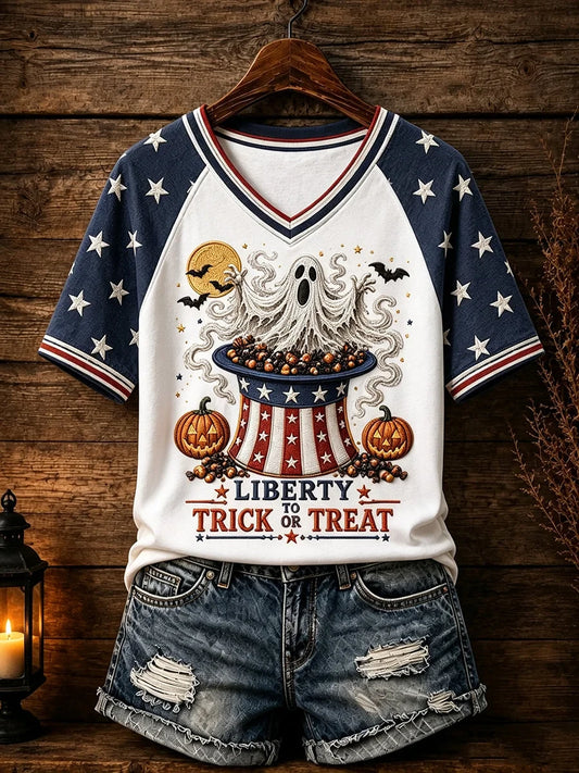 Patriotic Design Halloween V-Neck Shirt Spooky Season Merch Presents Ideas For Mother