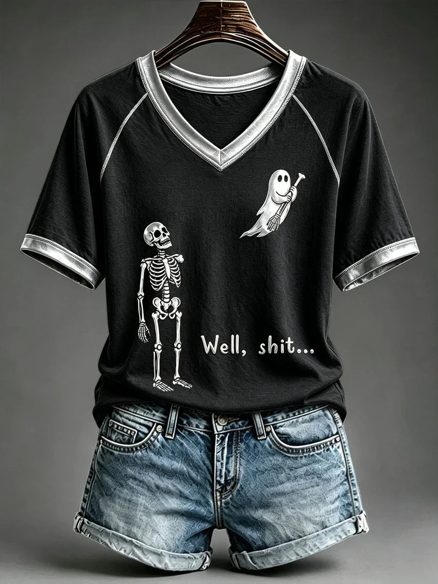 Well Shit Skull Halloween V-Neck Shirt Spooky Season Clothing Gifts Idea For Skeleton Lovers