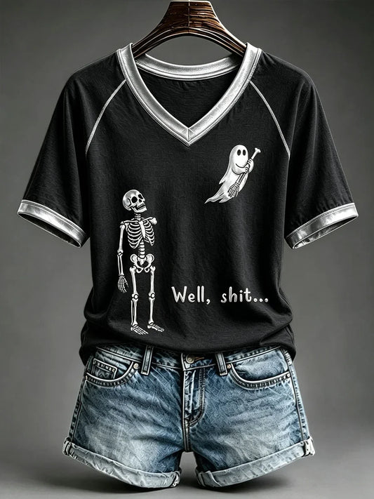 Well Shit Skull Halloween V-Neck Shirt Spooky Season Clothing Gifts Idea For Skeleton Lovers