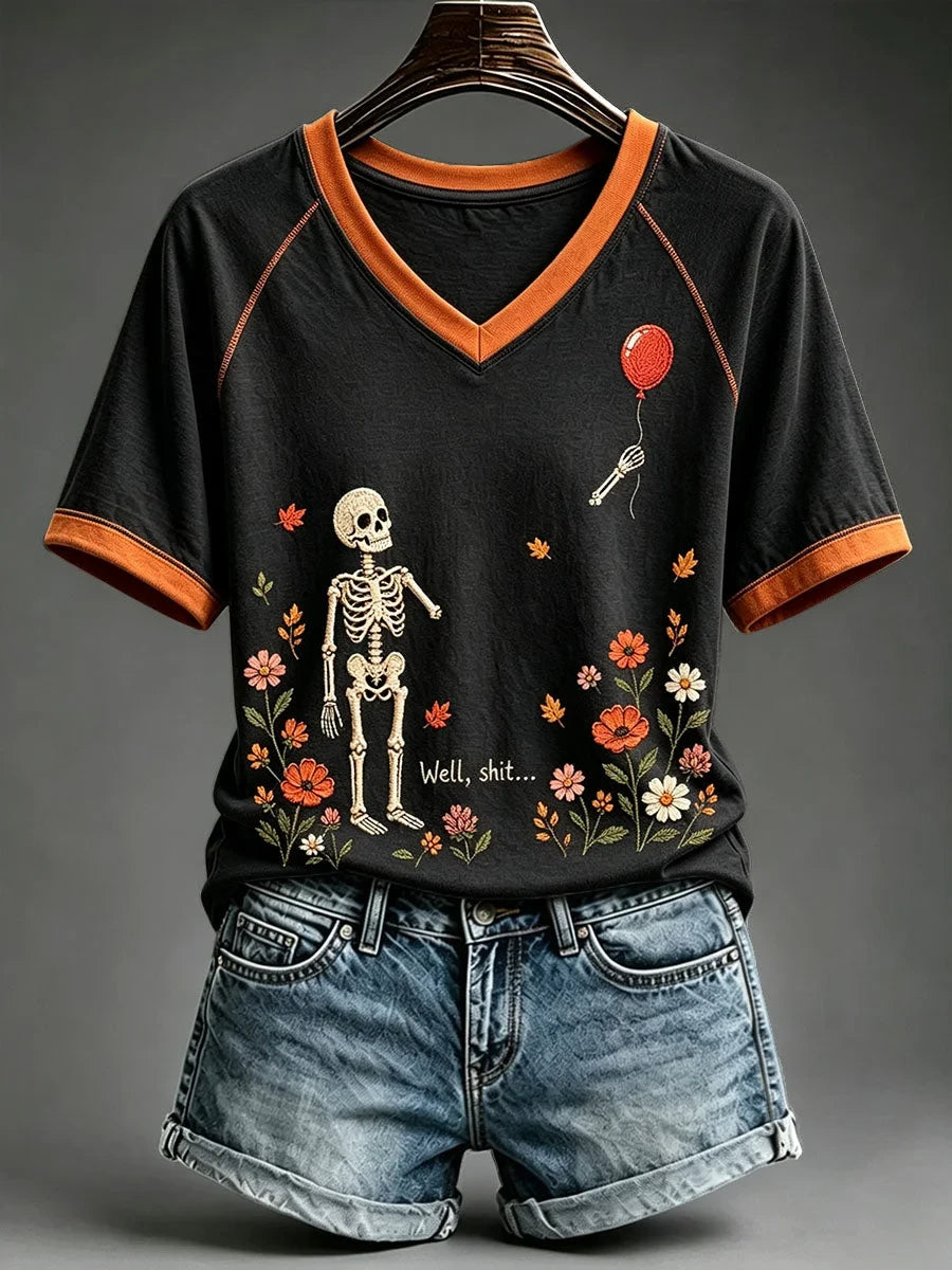 Well Shit Skull Halloween V-Neck Shirt Spooky Season Merch Presents For Girlfriend