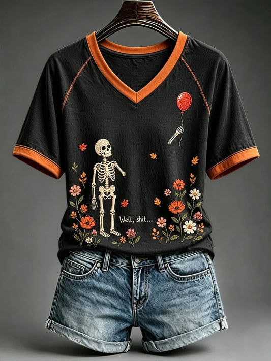 Well Shit Skull Halloween V-Neck Shirt Spooky Season Merch Presents For Girlfriend