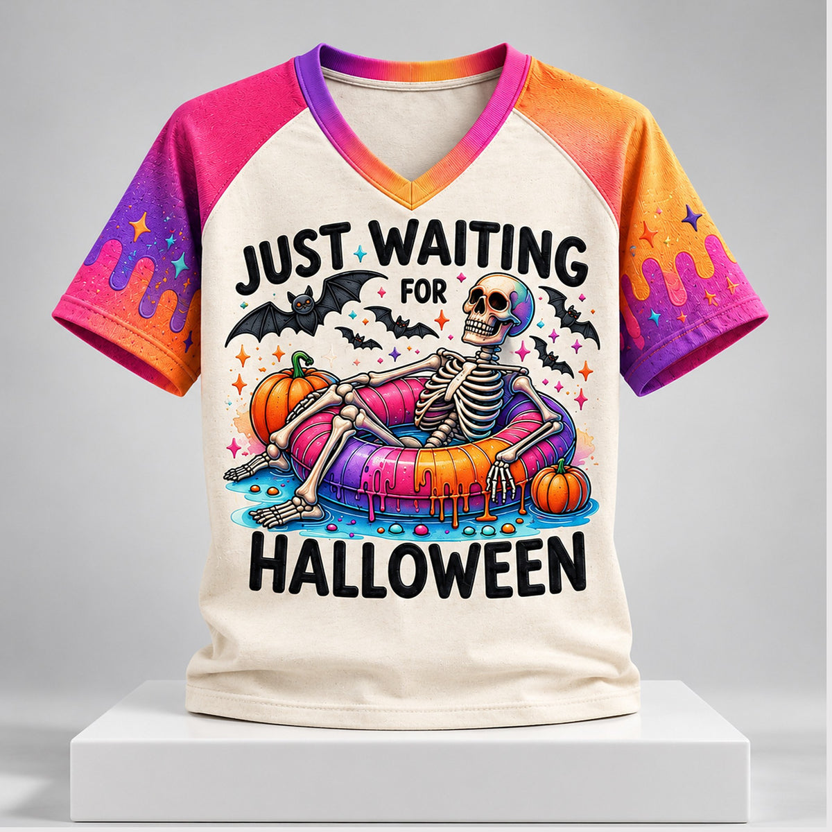 Skeleton Bat Just Waiting For Halloween 2026 V-Neck Shirt Gifts For Halloween - Foxy23shop