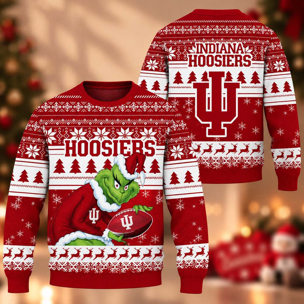 NCAA Indiana Hoosiers Grinch Ugly Christmas Sweater Indiana Hoosiers Merch Xmas Gifts For Fans - Foxy23shop