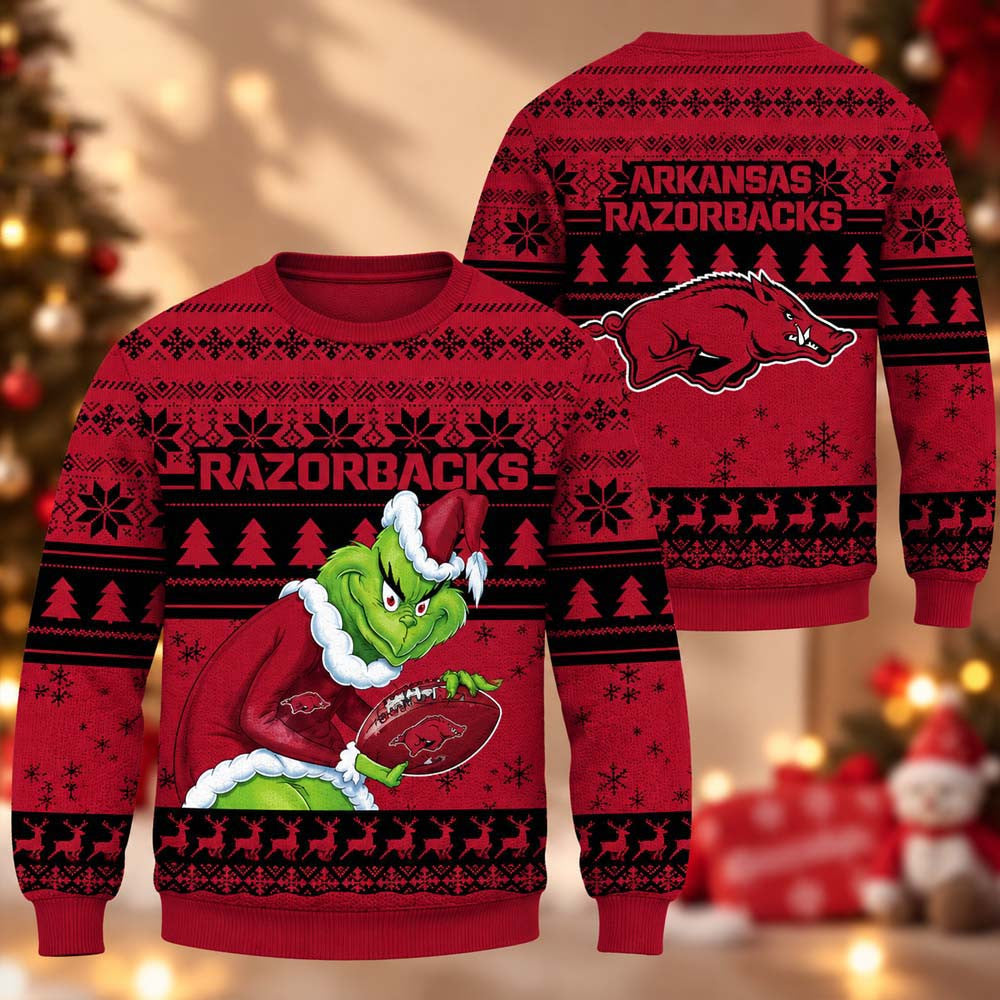 NCAA Arkansas Razorbacks Grinch Ugly Christmas Sweater Arkansas Razorbacks Merch Football Fan Gear - Foxy23shop