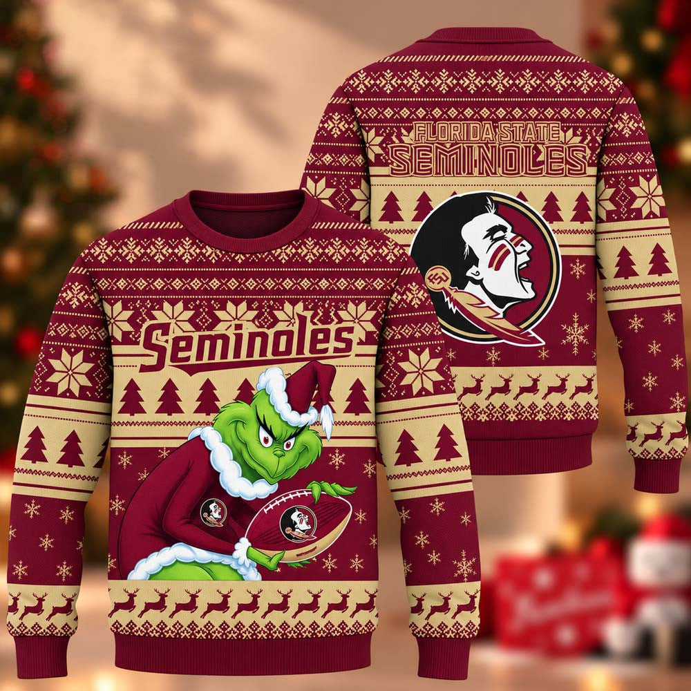 NCAA Florida State Seminoles Grinch Ugly Christmas Sweater Florida State Seminoles Apparel Fan Gear - Foxy23shop
