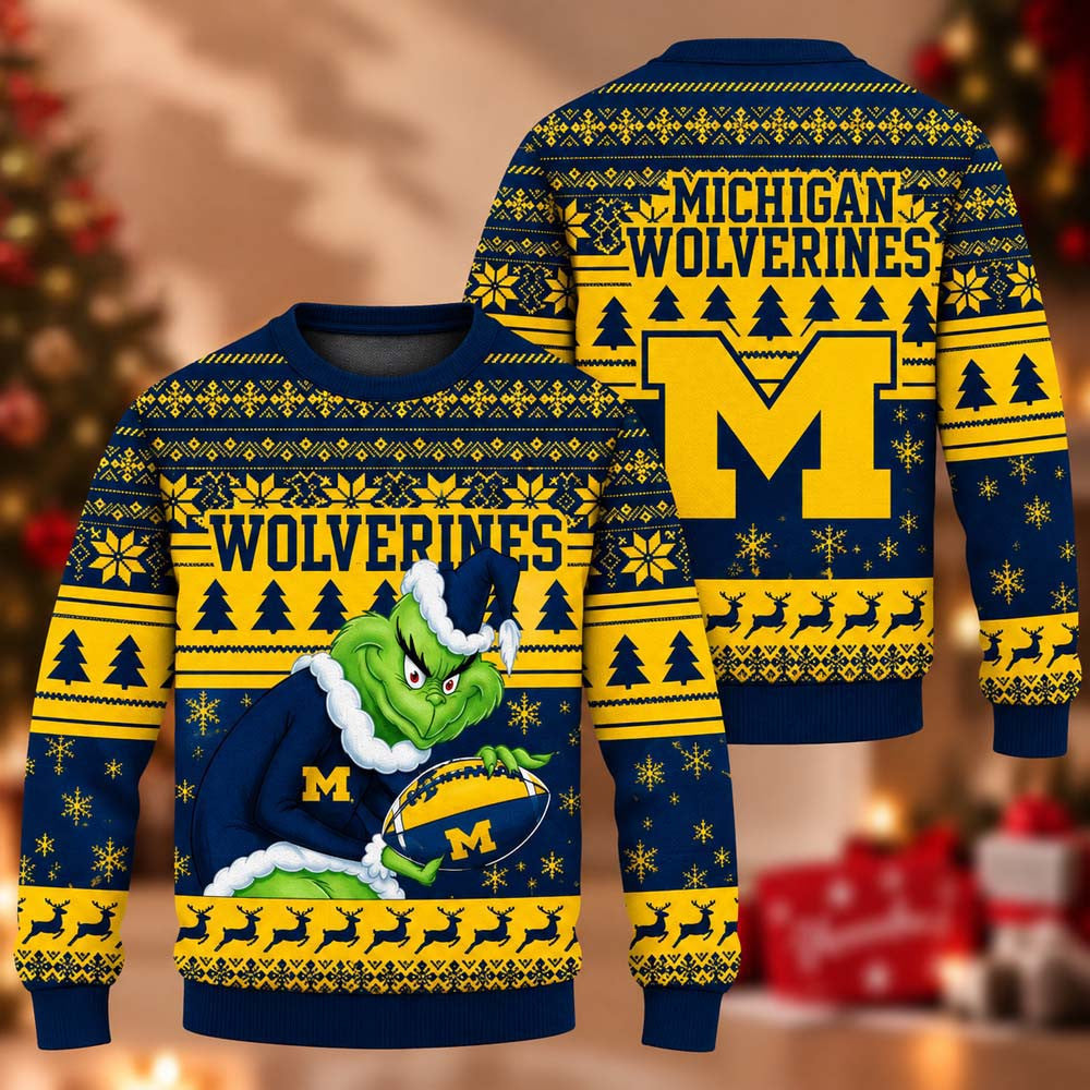 NCAA Michigan Wolverines Grinch Ugly Christmas Sweater Michigan Wolverines Merch Fan Gear - Foxy23shop