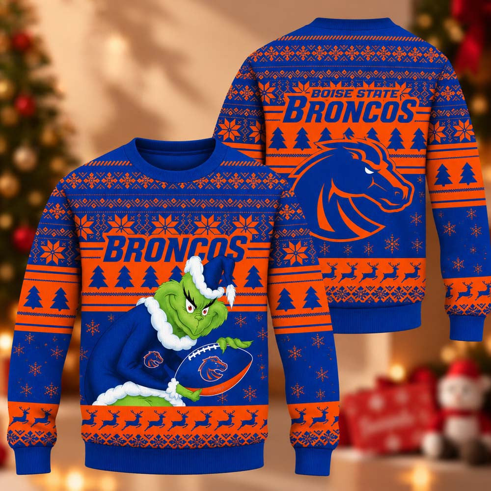 NCAA Boise State Broncos Grinch Ugly Christmas Sweater Boise State Broncos Merch Gifts For Fans - Foxy23shop