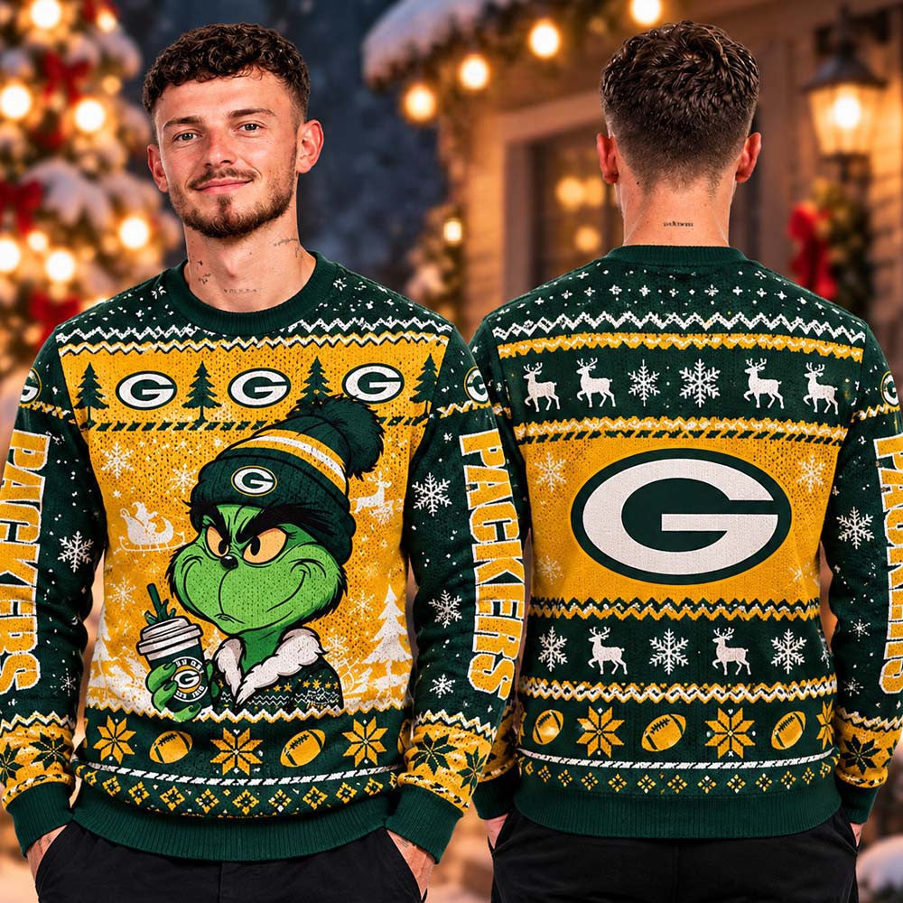 Green Bay Packers NFL The Grinch Drink Coffee Ugly Sweater Green Bay Packers Clothing Xmas Gifts - Foxy23shop