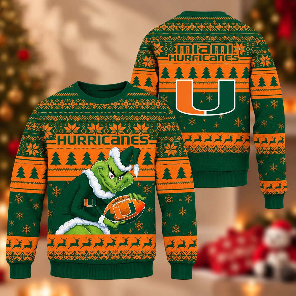 NCAA Miami Hurricanes Grinch Ugly Christmas Sweater Miami Hurricanes Merch Fan Gear - Foxy23shop