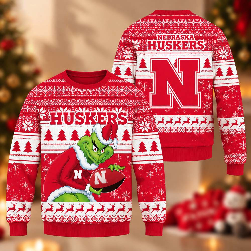 NCAA Nebraska Cornhuskers Grinch Ugly Christmas Sweater Xmas Gifts For Football Lovers - Foxy23shop