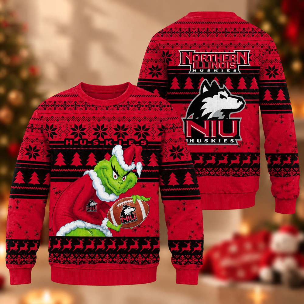 NCAA Northern Illinois Huskies Grinch Ugly Christmas Sweater Northern Illinois Huskies Merch Fan Gifts - Foxy23shop