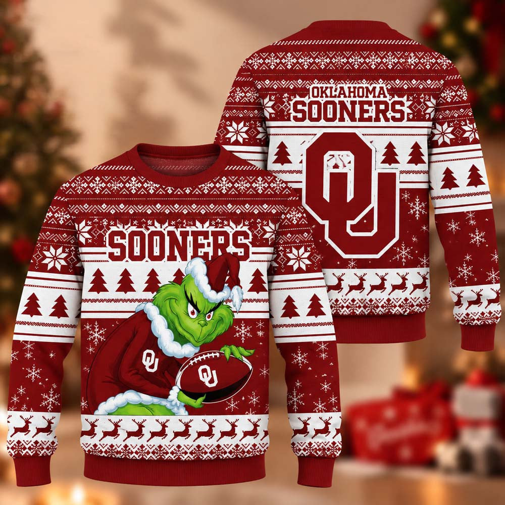 NCAA Oklahoma Sooners Grinch Christmas Ugly Christmas Sweater Xmas Gifts For Football Lovers - Foxy23shop
