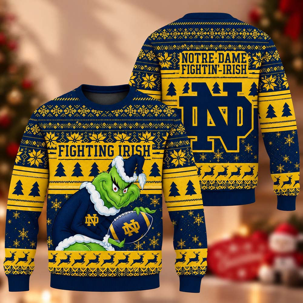 NCAA Notre Dame Fighting Irish Grinch Ugly Christmas Sweater Xmas Gifts For Football Lover - Foxy23shop
