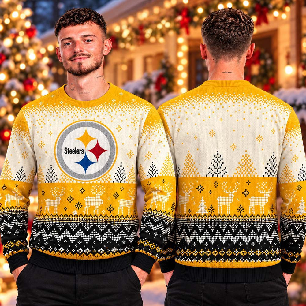 Pittsburgh Steelers NFL Big Logo In Font Knit Christmas Ugly Sweater Pittsburgh Steelers Merch Fan Gear - Foxy23shop