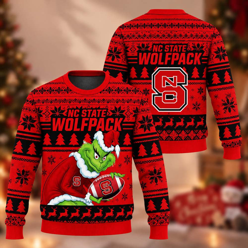 NCAA NC State Wolfpack Grinch Ugly Christmas Sweater NC State Wolfpack Merch Fan Gears - Foxy23shop