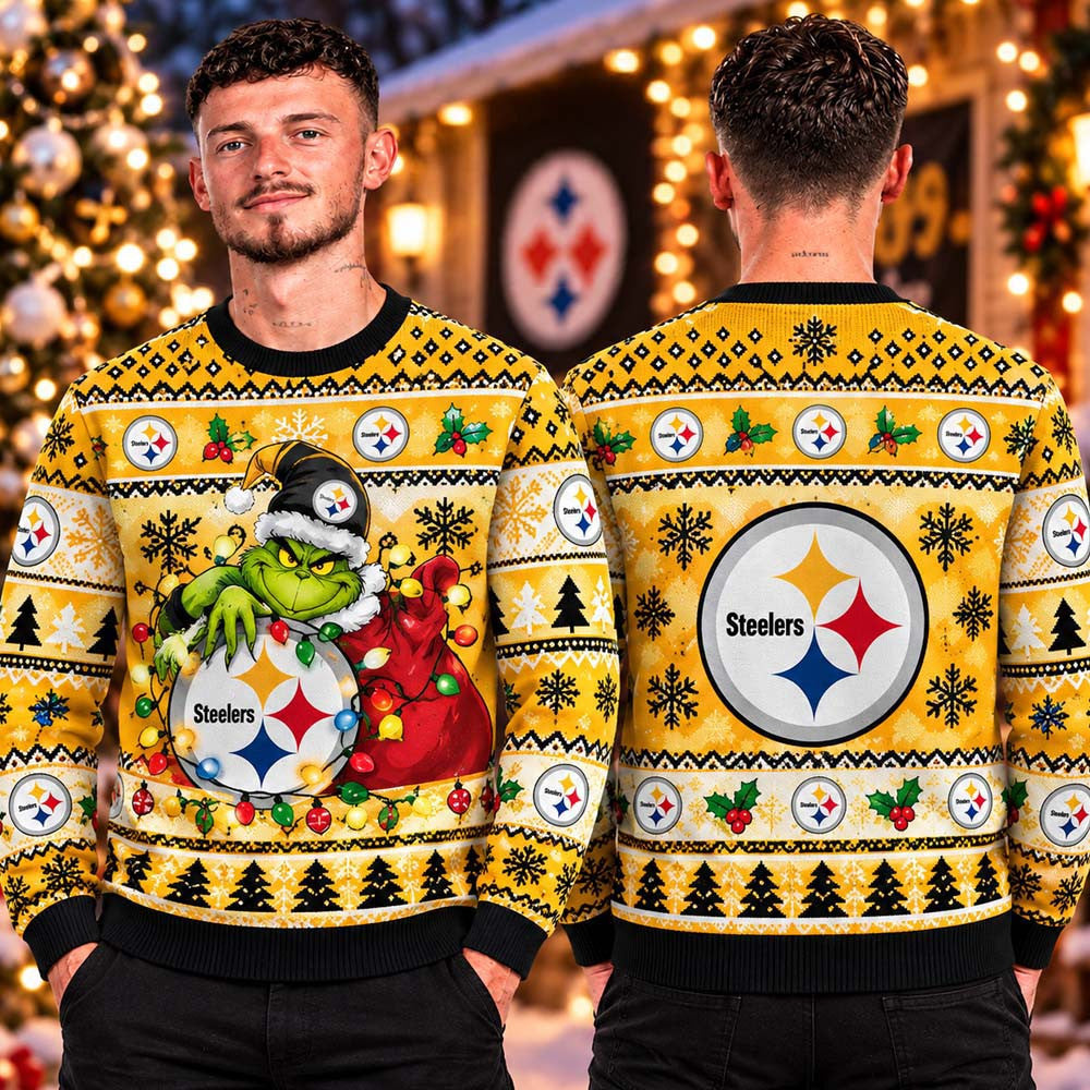 Pittsburgh Steelers NFL Grinch Stole Logo Ugly Sweater Pittsburgh Steelers Merch Fan Gear - Foxy23shop