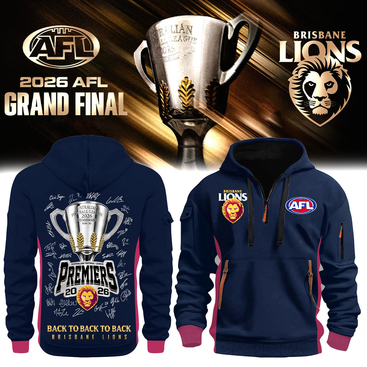 Brisbane Lions Back To Back To Back Champions 2026 Zip Hoodie Brisbane Lions Apparel - Foxy23shop