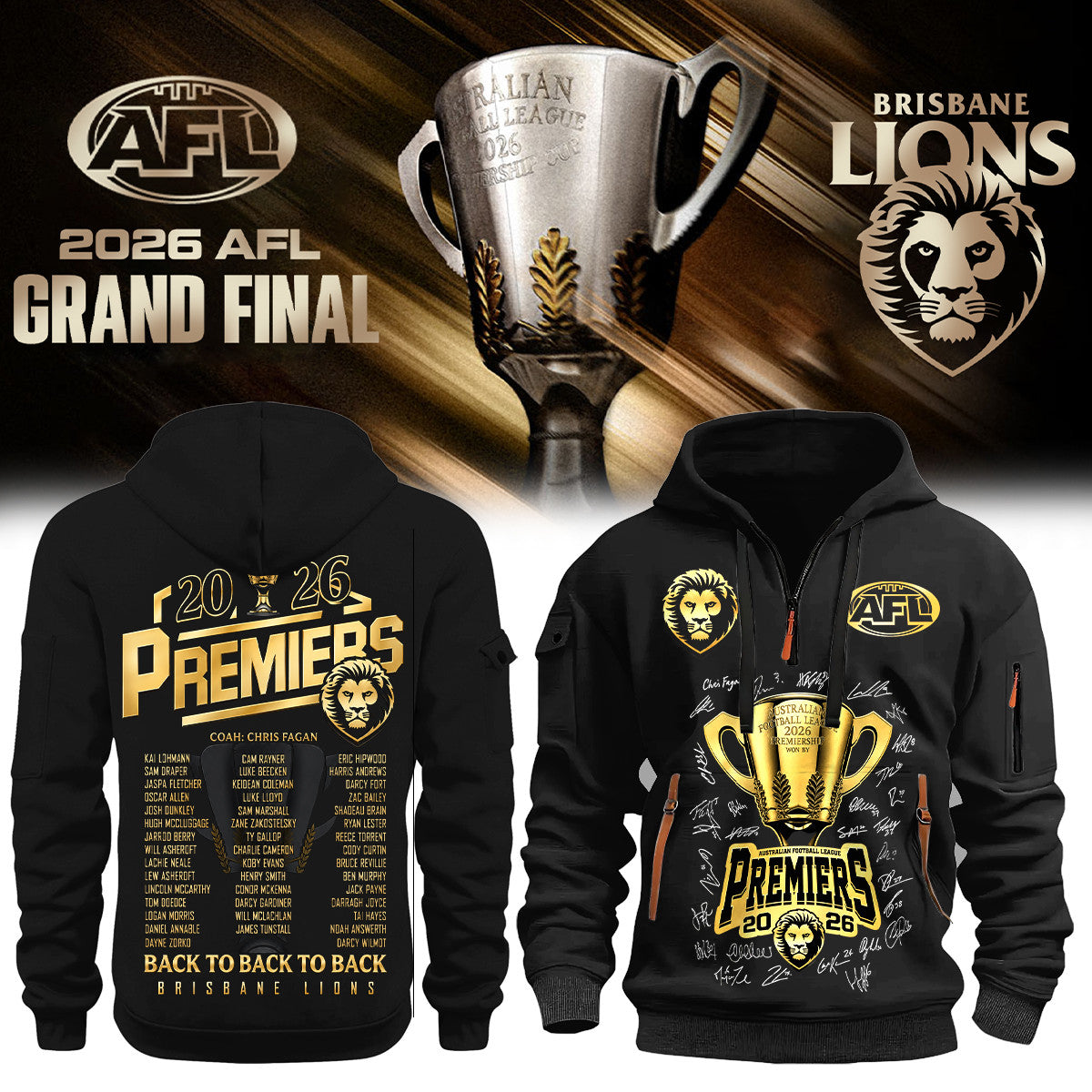 Brisbane Lions Merch Back To Back To Back Champions 2026 Zip Hoodie Gifts For Fans - Foxy23shop