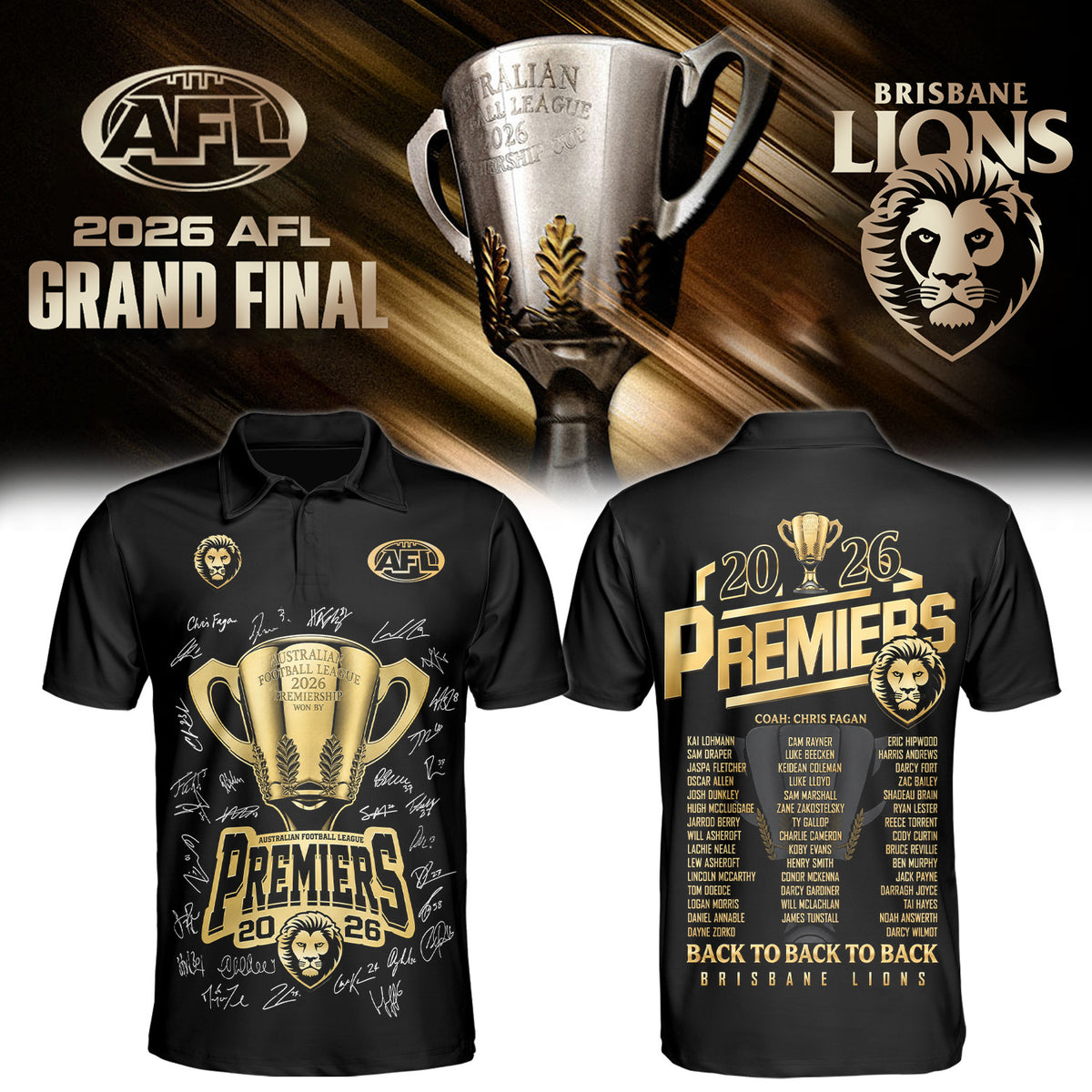 Brisbane Lions Merch Back To Back To Back Champions 2026 Polo Shirt Football Fan Gear - Foxy23shop
