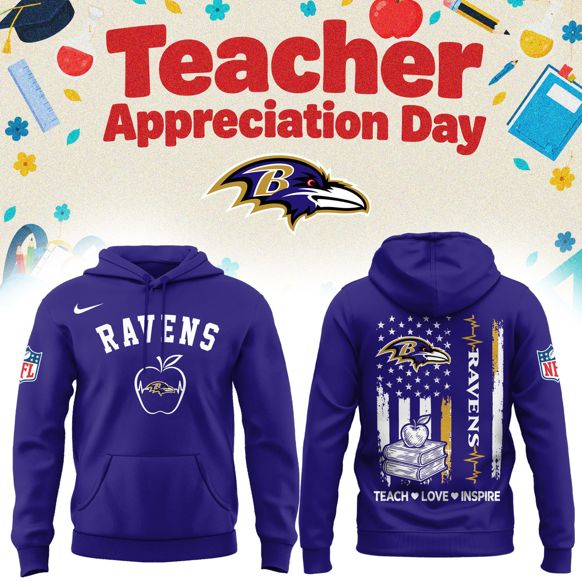 Baltimore Ravens Merch NFL 2026 X Teacher Appreciation Day Hoodie Gifts For Ravens Fans - Foxy23shop