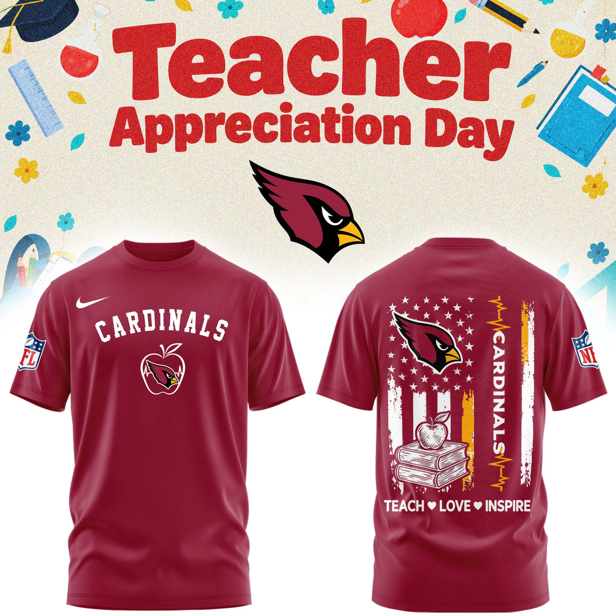 Arizona Cardinals Merch NFL 2026 X Teacher Appreciation Day T-Shirt 2026 NFL Game Day Outfits - Foxy23shop