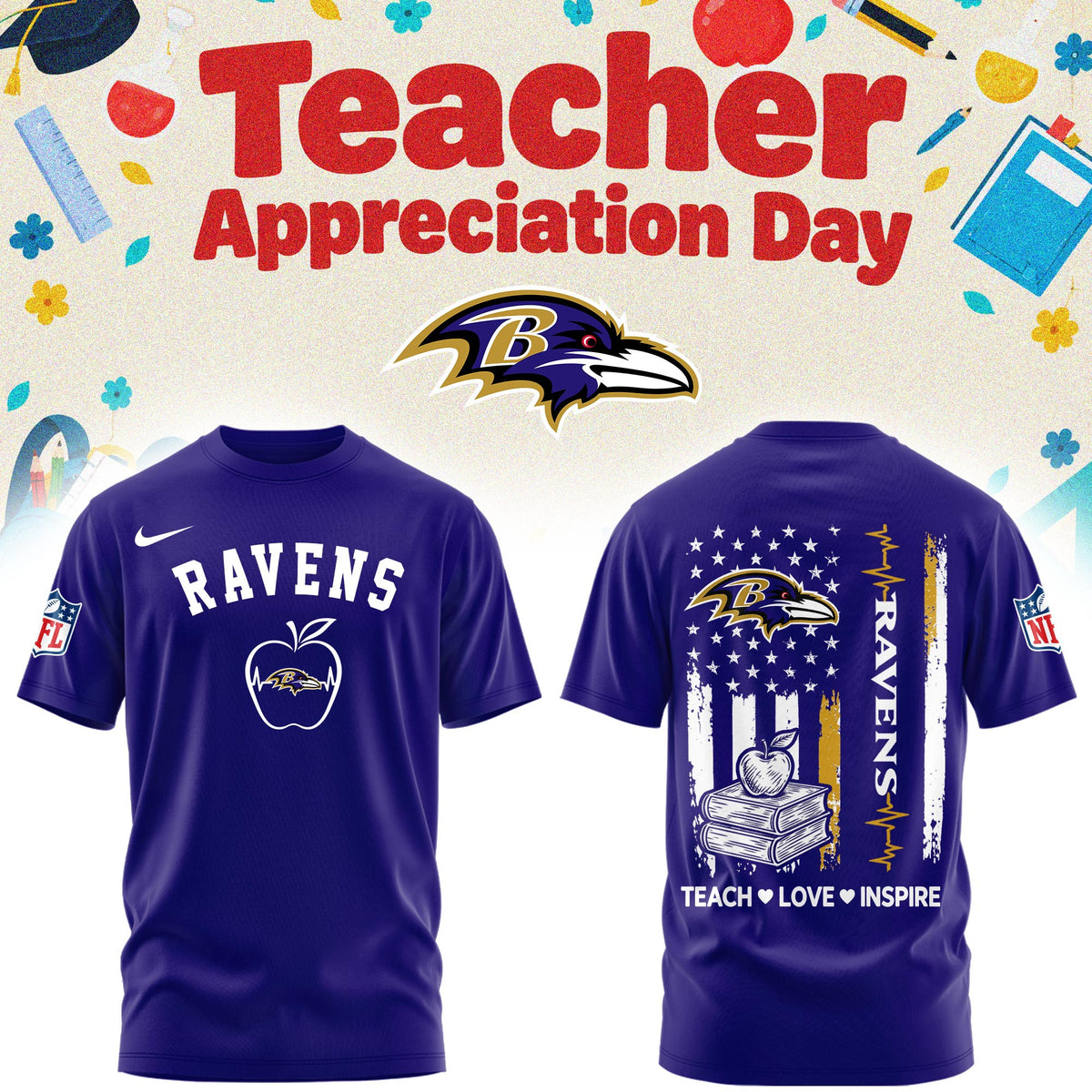 Baltimore Ravens Merch NFL 2026 X Teacher Appreciation Day T-Shirt Gifts Idea For Fans - Foxy23shop
