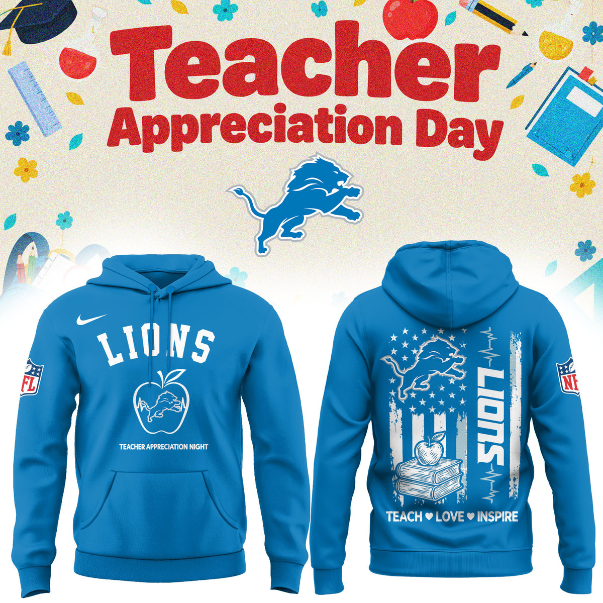 Detroit Lions Merch NFL 2026 X Teacher Appreciation Day Hoodie Presents For One Pride - Foxy23shop